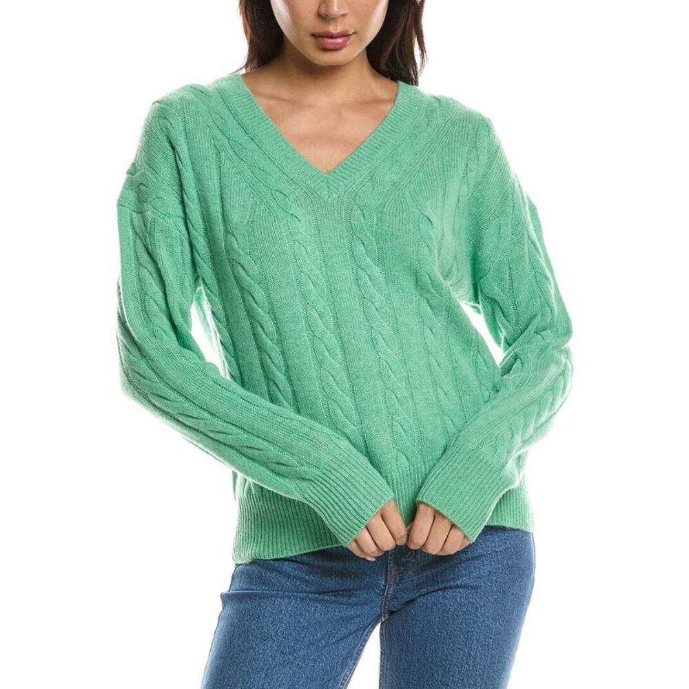 Forte Cashmere Womens  Fashioned Cable V-Neck 100% Cashmere Sweater, Green